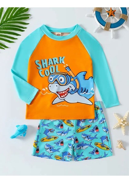 Erkek Çocuk Köpekbalığı Baskılı Uzun Kollu Mayo ve Şort Seti