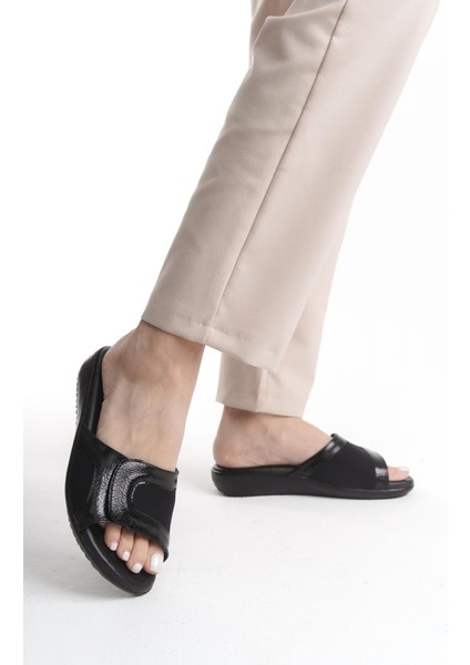 ortopedik deri taban ve kemik çıkıntısı destekli günlük siyah terlik modelleri