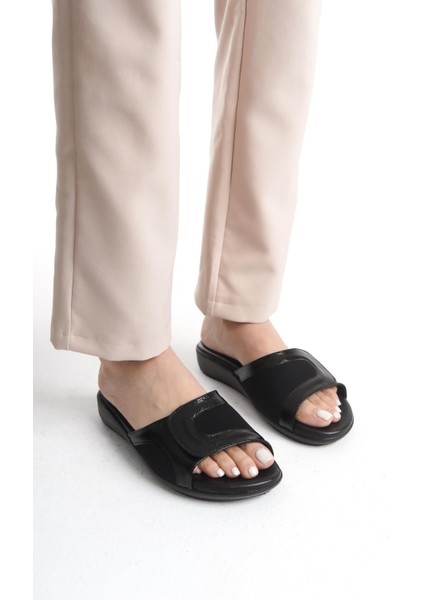 ortopedik deri taban ve kemik çıkıntısı destekli günlük siyah terlik fırsatları