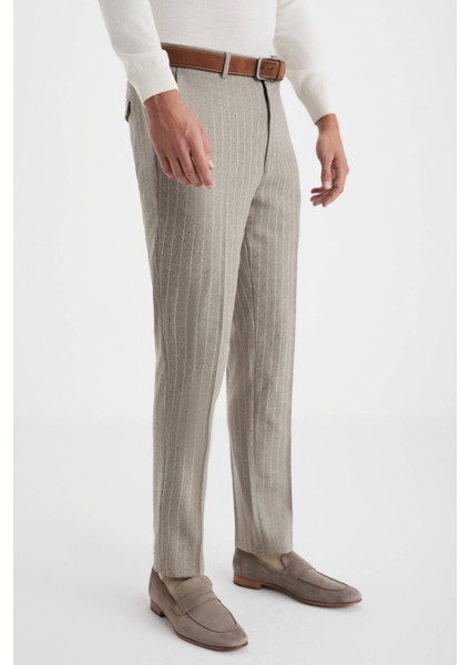 Kaşmir Karışım Flanel Chino Bej Çizgili Camel Pantolon modelleri