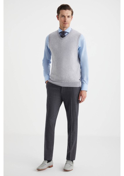 Çizgi Desenli Açık Gri Lambswool Yün Triko Süveter fiyatları