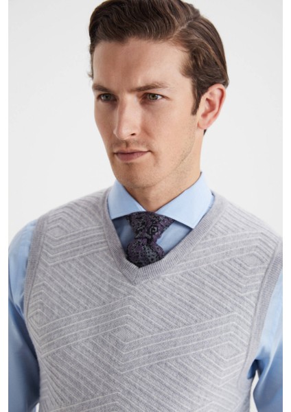 Çizgi Desenli Açık Gri Lambswool Yün Triko Süveter modelleri