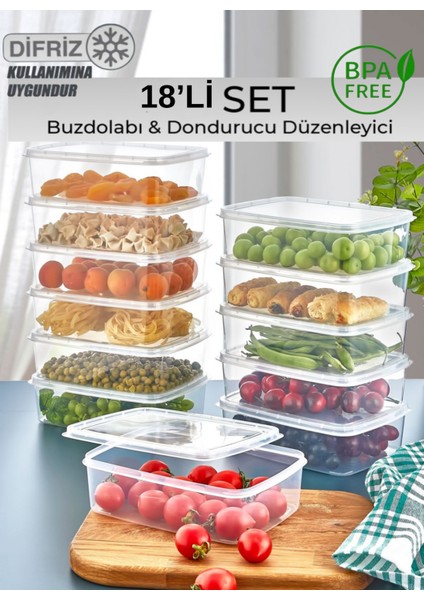 Large 18 Adet 1,35 Lt Organizer Dondurulmuş Öğünlük Et ve Sebze Saklama Kabı Seti - Porsiyon Buzluk Kıyma Kutusu Düzenleyici