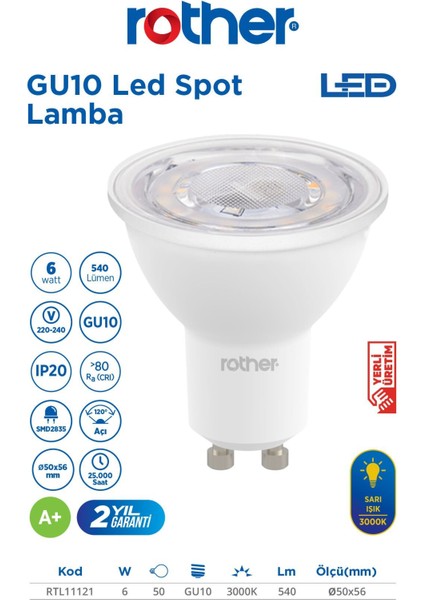 RTL11121-10 Rother GU10 LED Spot Ampul 6W 540 Lümen 3000K Sarı Işık Enerji Tasarruflu Ampul 10 Adet fiyatları