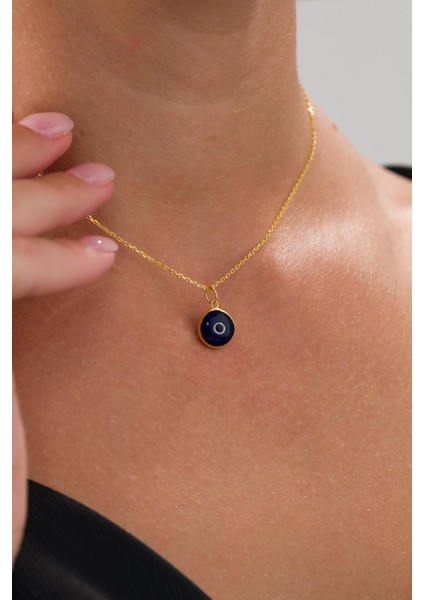 10 mm Gümüş Altın Gold Kaplama Koyu Mavi Lacivert Nazar Boncuğu Cam Göz Kolye