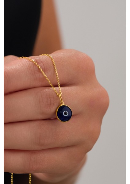 10 mm Gümüş Altın Gold Kaplama Koyu Mavi Lacivert Nazar Boncuğu Cam Göz Kolye modelleri