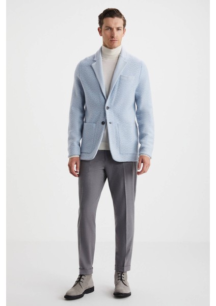 Balıksırtı Desenli Saf Kaşmir Buz Mavisi Triko Ceket fiyatları