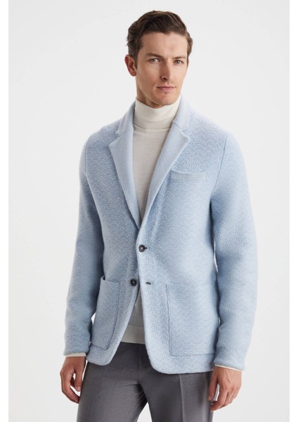 Balıksırtı Desenli Saf Kaşmir Buz Mavisi Triko Ceket modelleri