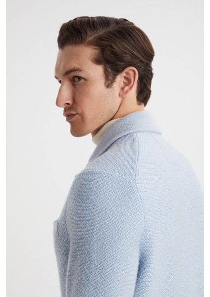 Balıksırtı Desenli Saf Kaşmir Buz Mavisi Triko Ceket fırsatları