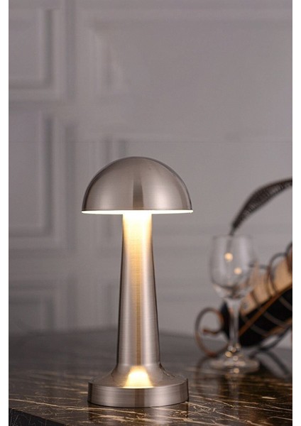 Şarjlı Masa Lambası, Dekoratif Dokunmatik Mantar, Gümüş Renk, Şık ve Kullanışlı