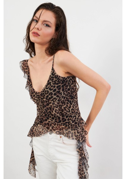 Kadın Camel-Siyah Leopar Desenli Fırfırlı Şifon Bluz FS033 fiyatları
