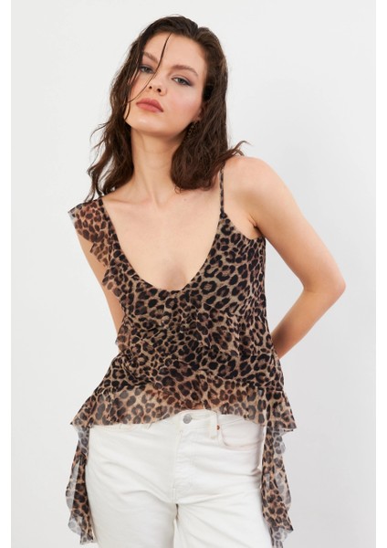 Kadın Camel-Siyah Leopar Desenli Fırfırlı Şifon Bluz FS033 modelleri