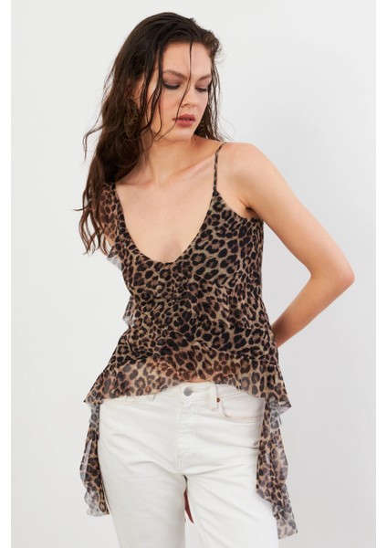 Kadın Camel-Siyah Leopar Desenli Fırfırlı Şifon Bluz FS033 fırsatları