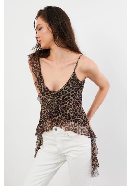 Kadın Camel-Siyah Leopar Desenli Fırfırlı Şifon Bluz FS033 indirimleri