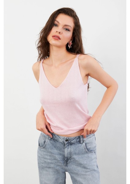 Kadın Pembe V Yaka Triko Bluz KZ546