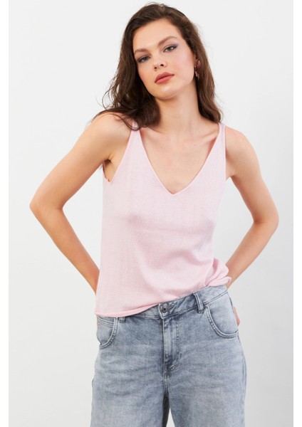 Kadın Pembe V Yaka Triko Bluz KZ546 fiyatları