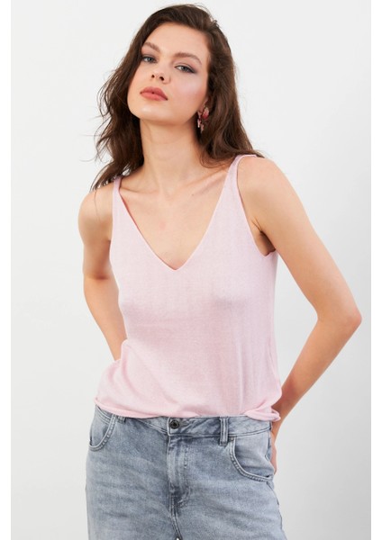 Kadın Pembe V Yaka Triko Bluz KZ546 modelleri