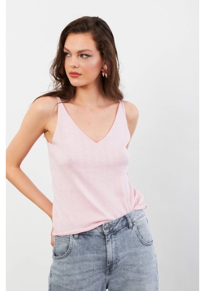 Kadın Pembe V Yaka Triko Bluz KZ546 fırsatları