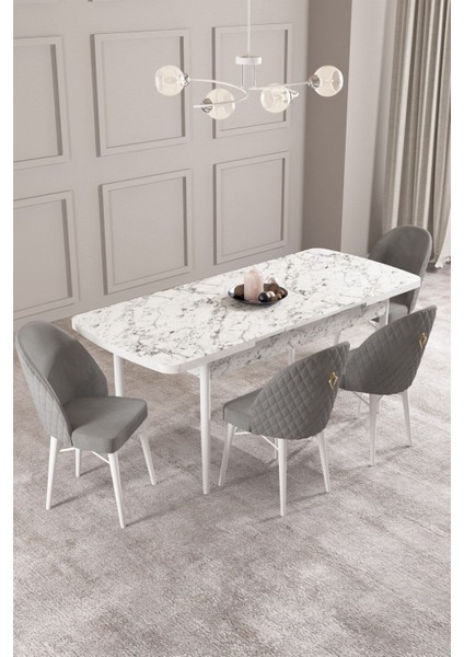 Calvin Beyaz Mermer 80X132 Açılabilir Mdf Masa Yemek Odası Takımı, Mutfak Takımı 4 Adet Sandalye fiyatları
