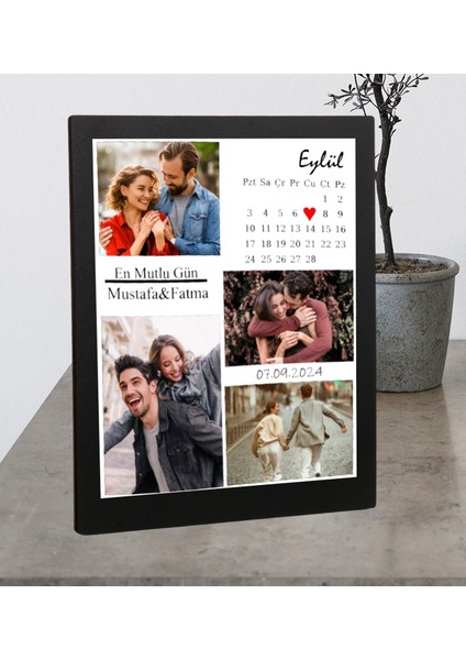Kişiye Özel Masaüstü Takvim Tarih Isim Tasarım 4 Fotoğraflı Ahşap Mdf Resimli Kolaj Çerçeve