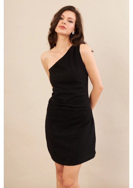 Kadın Siyah Tek Omuz Astarlı Mini Keten Elbise AYD416 modelleri