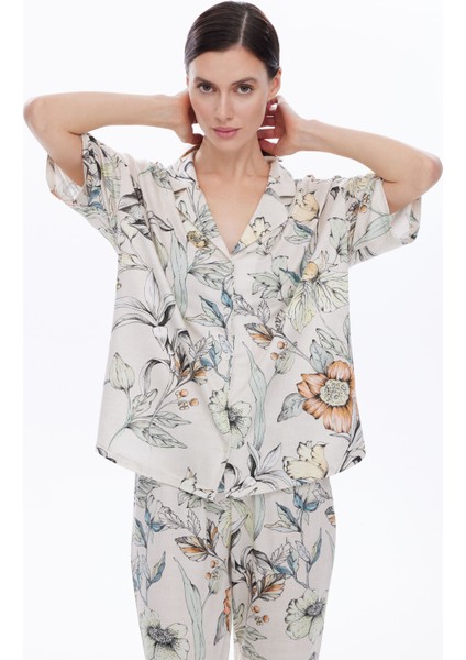 Kadın Viskon Kısa Kollu Gömlek Pijama Üstü