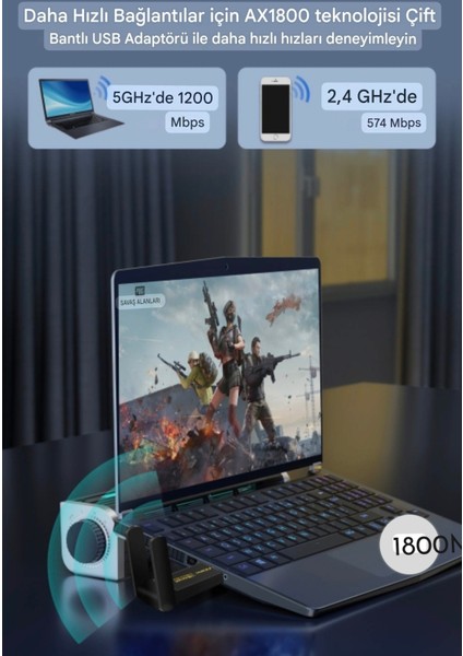 Wifi-6 Yüksek Hızlı 1800Mbps Usb 3.0 Yüksek Çekim Gücü CE Lisanslı Sertifikalı Orjinal Çift Bant 5Ghz/2.4Ghz-AX1800