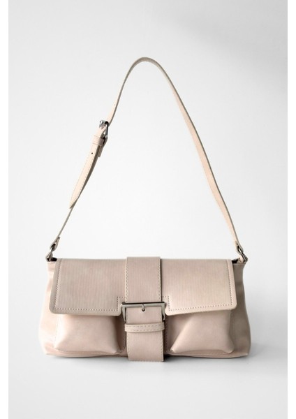 Bej Suni Deri Vintage Tarz Omuz Çantası Toka Detaylı