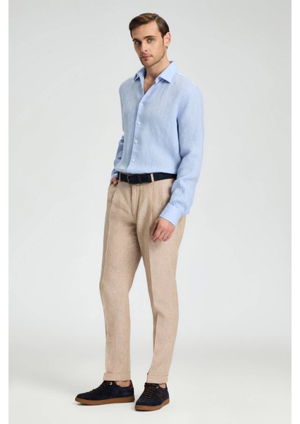 Saf Keten Kum Rengi Pileli Pantolon modelleri