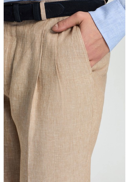 Saf Keten Kum Rengi Pileli Pantolon fırsatları