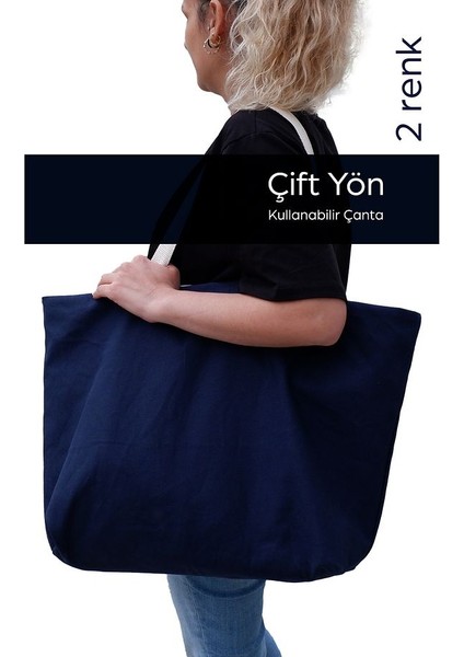 Çift Yön Kullanılabilen Canvas Çok Amaçlı Plaj Çanta Lacivert