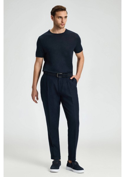 Saf Keten Lacivert Pileli Pantolon fırsatları