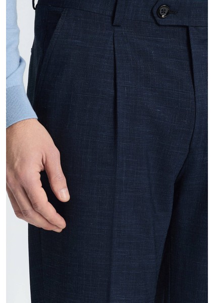 Keten Yün Karışım Lacivert Klasik Dokuma Pantolon fırsatları
