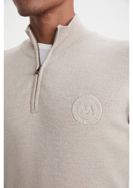 Kum Rengi Fermuarlı Merino Yün Activewear Triko fırsatları