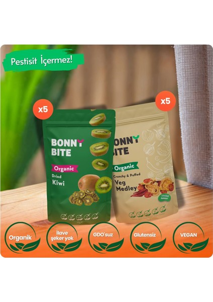 ORGANİK KURUTULMUŞ KİVİ & ÇITIR SEBZE (KAPYA BİBER, CHERRY DOMATES, SOĞAN) 10'LU PAKET