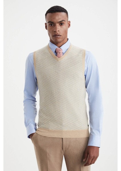 Çizgi Desenli Camel Lambswool Yün Triko Süveter fiyatları