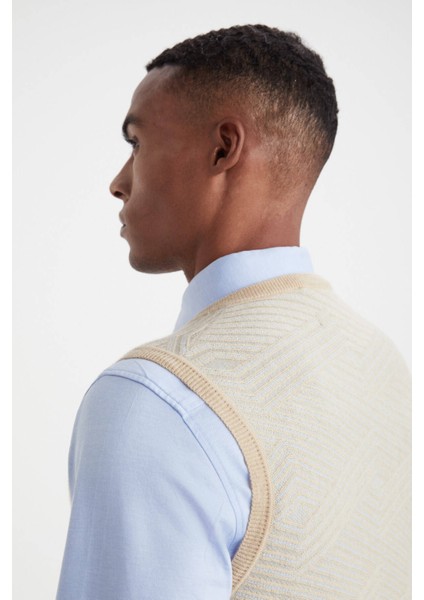 Çizgi Desenli Camel Lambswool Yün Triko Süveter fırsatları