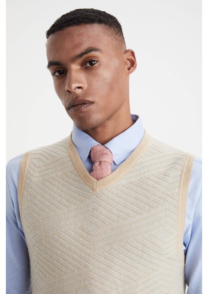 Çizgi Desenli Camel Lambswool Yün Triko Süveter indirimleri