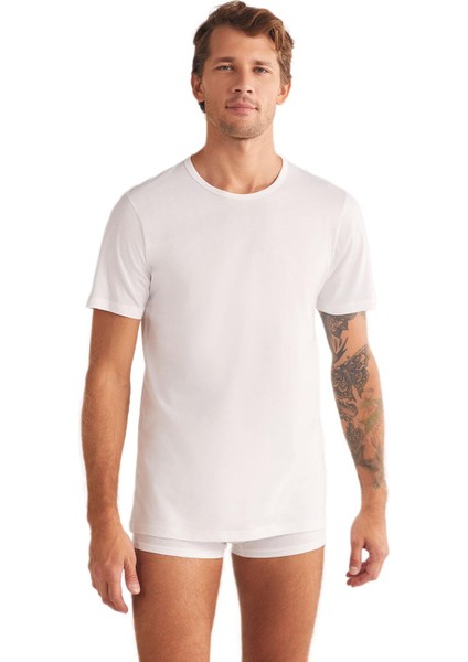 Hulio Bisiklet Yaka 2'li Erkek Beyaz Tshirt