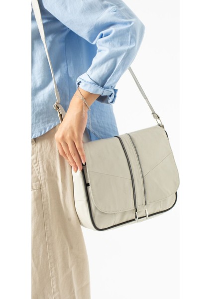 Büyük Boy Krem Kadın Deri Omuz ve Postacı Çanta