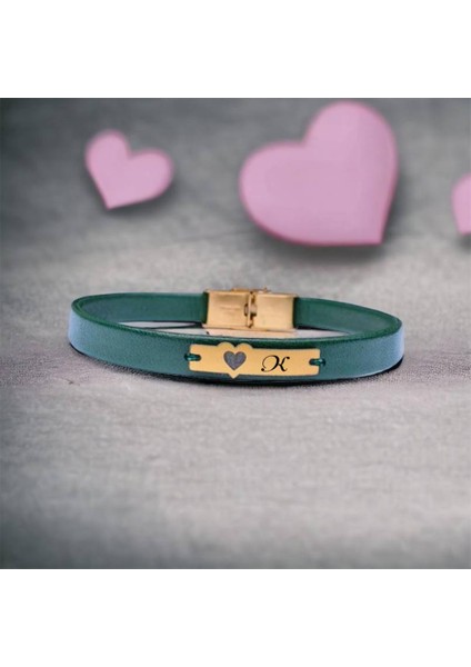 14 Ayar Altın Plakalı K Harfine Özel Kalp Figürlü Hakiki Yeşil Derili Hediye BILEKLIK-573HARF fiyatları