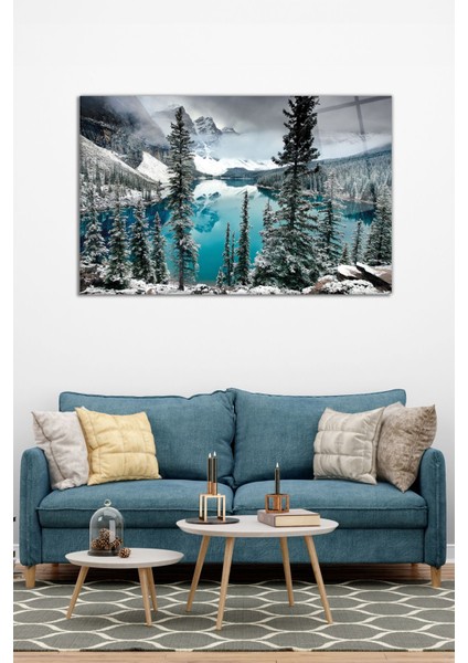 Karlı Göl Orman Manzarası Yatay Cam Tablo, Modern Ev Dekoru, Hediyelik Duvar Dekorasyonu, Kırılmaz modelleri