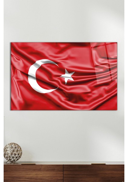 Dalgalı Türk Bayrağı Yatay Cam Tablo, Modern Ev Ofis Dekoru Hediyelik Duvar Dekorasyonu Kırılmaz Cam