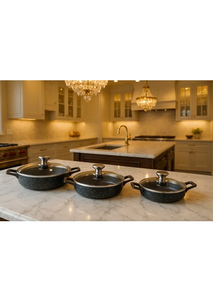 Kapaklı 3 Lü Granit Sahan Set- 18CM-20CM-22CM Kapaklı Sahan Set