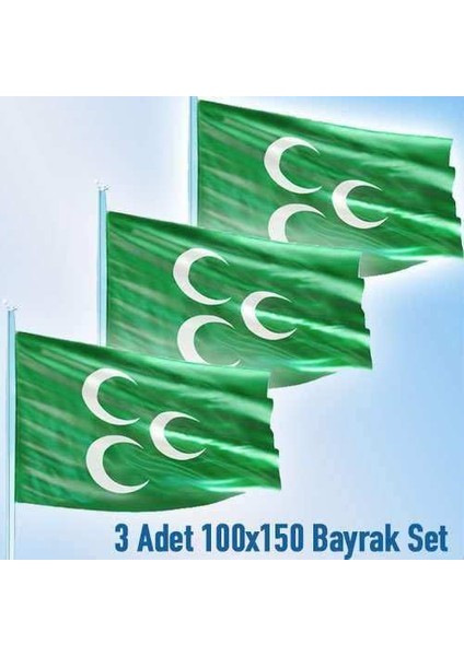 Osmanlı Yeşil 3 Hilal 3 Adet 100X150CM Raşel Bayrak Set