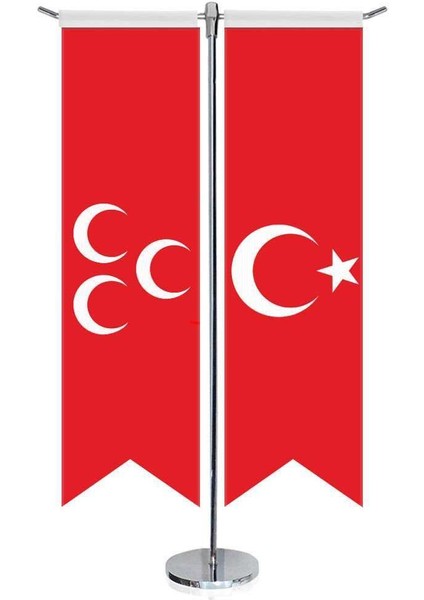 Osmanlı Kırmızı Üç Hilal Bayrağı ve Türkiye Saten T Direk Masa Bayrağı 2'li
