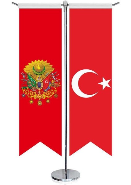 Kırmızı Osmanlı Arması Bayrağı ve Türkiye Kırlangıç Saten T Direk Masa Bayrağı 2'li