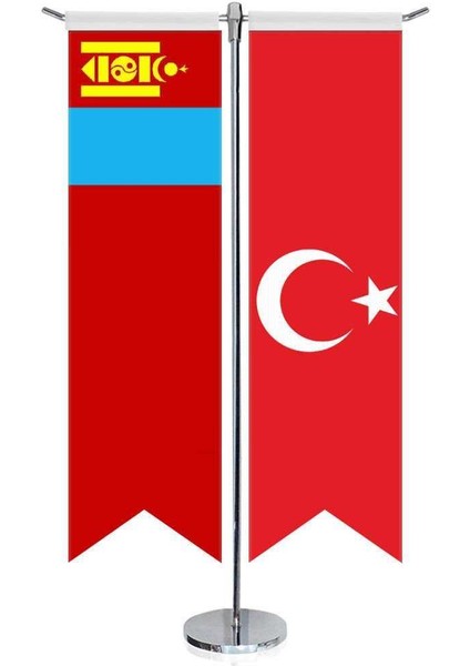 Moğolistan Bayrağı ve Türkiye Kırlangıç Saten T Direk Masa Bayrağı 2'li