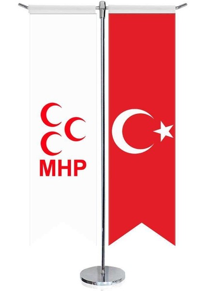 Beyaz Milliyetçi Hareket Partisi Mhp Bayrağı ve Türkiye Kırlangıç Saten T Direk Masa Bayrağı 2'li