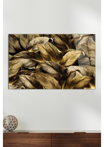 Altın Yapraklar Yatay Cam Tablo, Modern Ev Ofis Dekoru, Hediyelik Duvar Dekorasyonu, Kırılmaz Cam